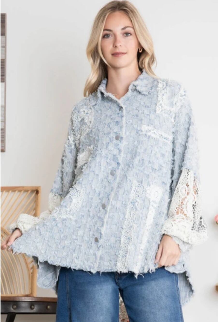 Blue Velvet Dusty Blue Tweed Lace Button Down Top L NWT - Coastal Cottage